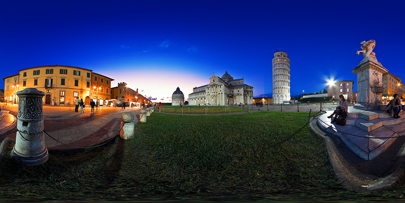 Campo dei Miracoli en Pisa. Pinche sobre la imagen para acceder a esta y otras nueve panorámicas en 360 grados.